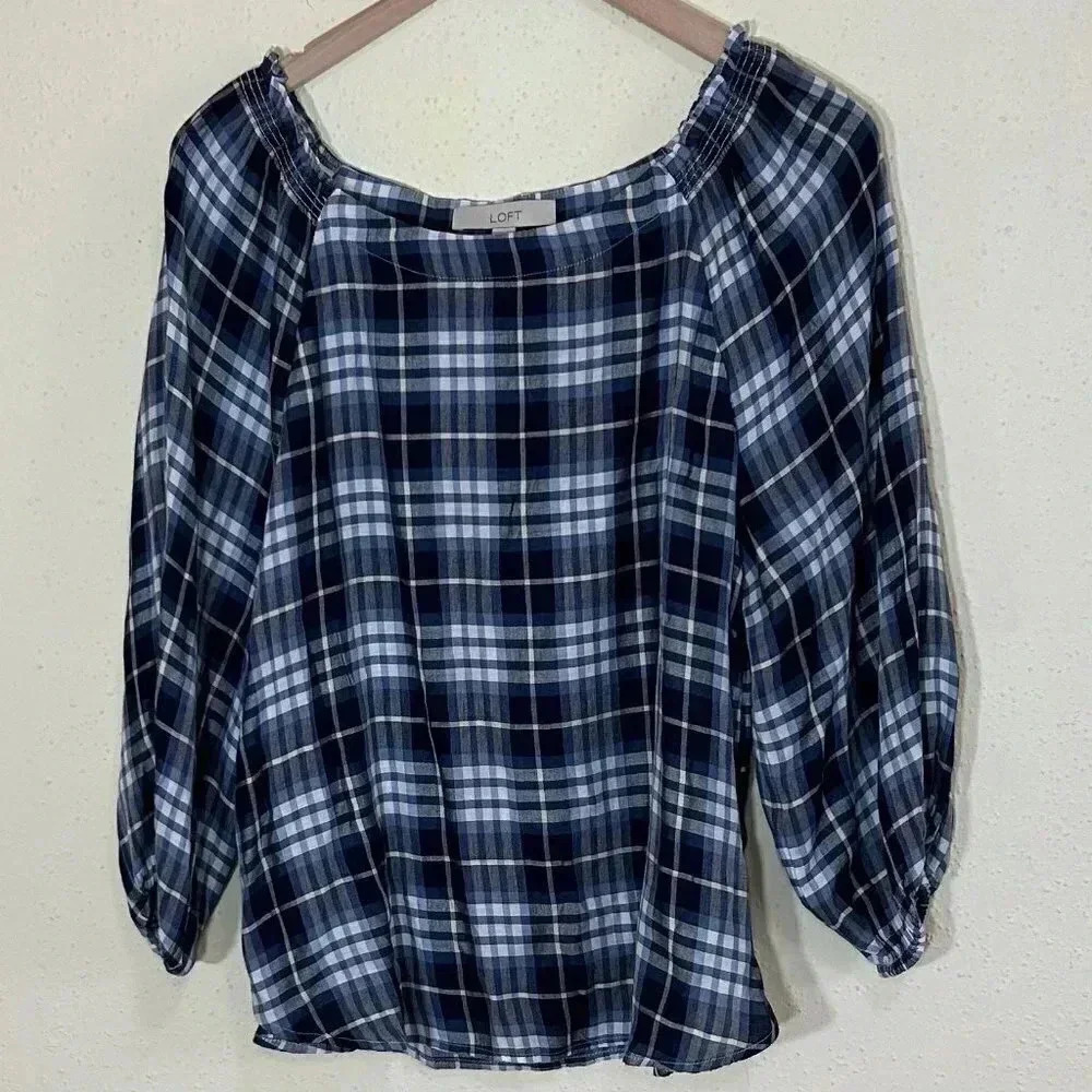 Loft Blue Plaid Top with 3/4 Elastic Sleeves Size Medium